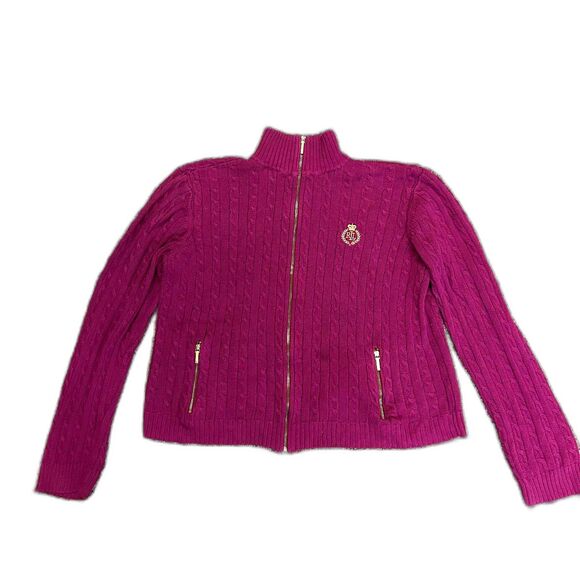 Lauren Ralph Lauren Mulberry Purple Full Zip Cotton Cable Cardigan Sweater Sz XL - Picture 12 of 13